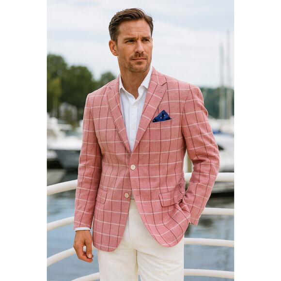 Paul Fredrick Linen Cotton Men’s Blazer Jacket Red Pink 48R Windowpane Preppy - Picture 1 of 8